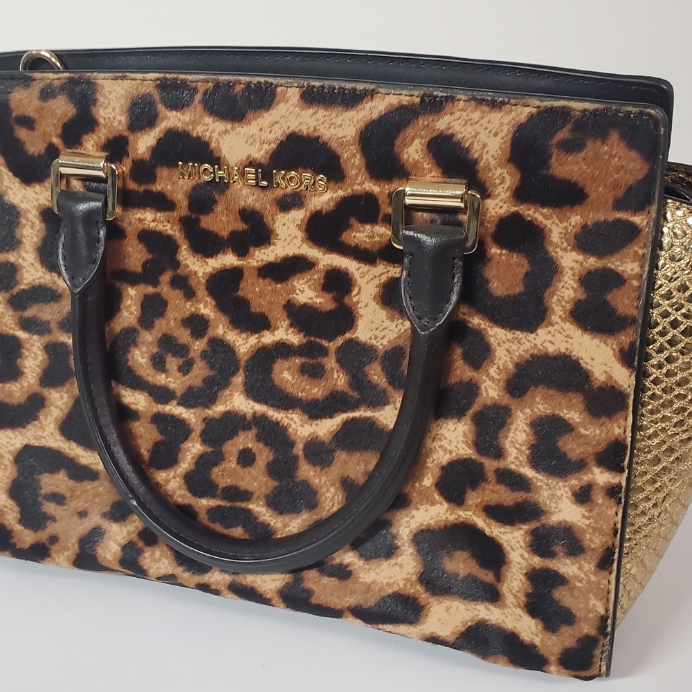 Michael Kors Leopard Print and Gold Tote Bag - Picture 3 of 14